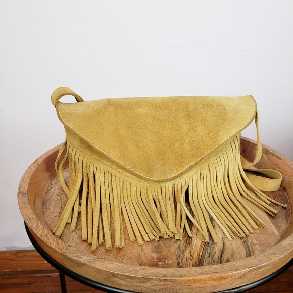 Vintage Handbags - Vintage Yellow Suede Fringe Crossbody Clutch